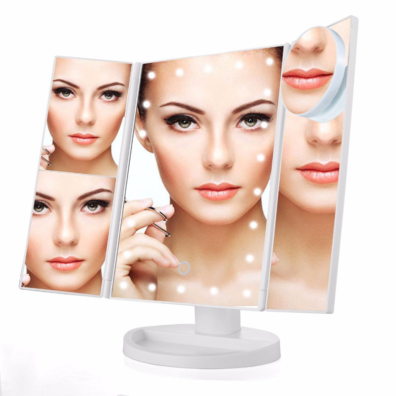 Three Folding Touch Screen Makeup Mirror Professional Vanity 21 LED Lights Health Beauty with 10X Magnifying Small Mirror T35
