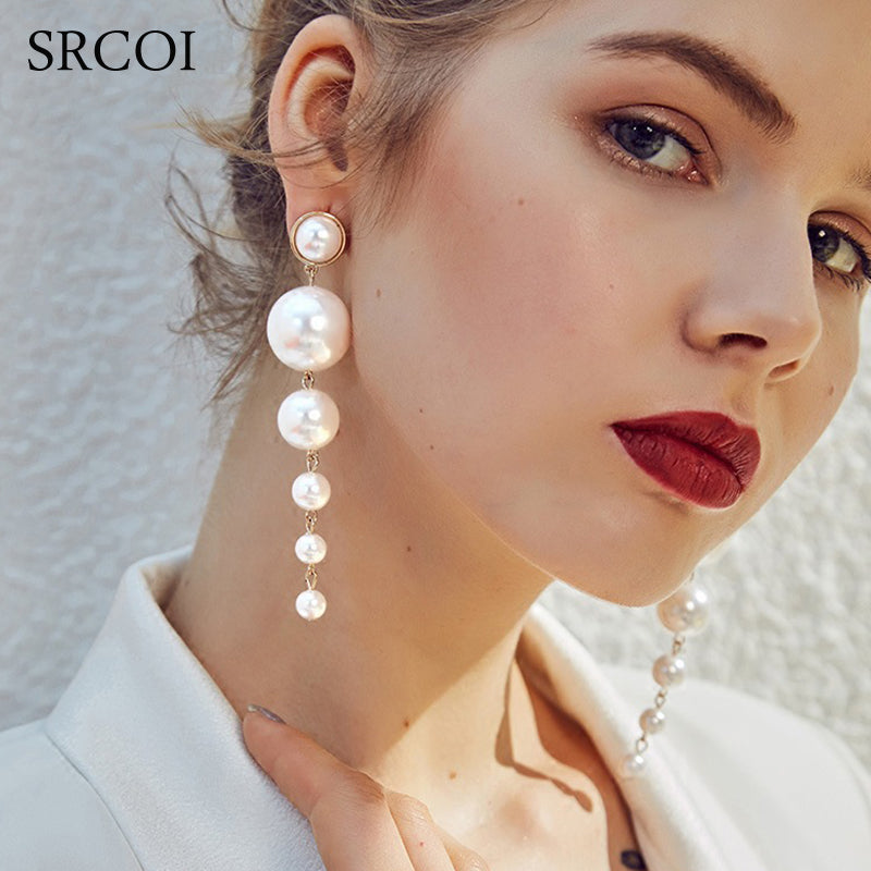 Simulated Pearl Long Earrings