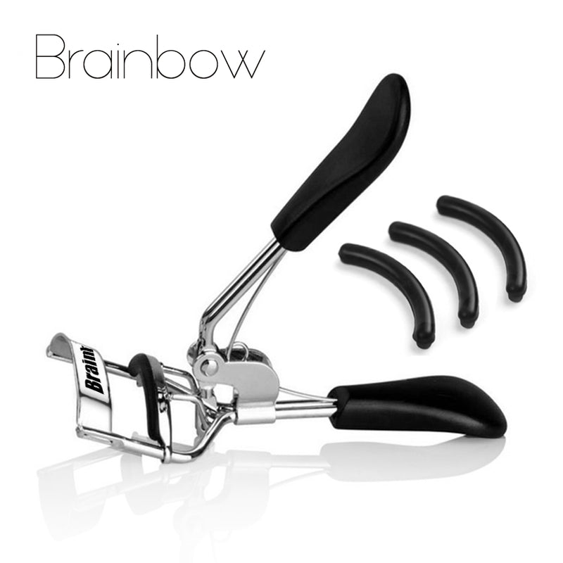 Brainbow 1pc Woman Silver Eyelashes Curler Supplementer Clip with Black Handle+3pcs Eyelash Curler Replacement Pads Makeup Tools